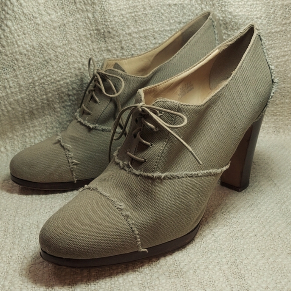 J. Crew tan lace-up canvas booties with heels Sz 10